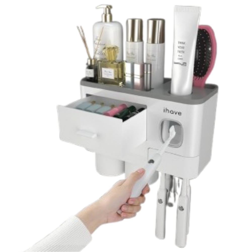 IHave 2 Cups Wall Mounted Toothbrush Holder With Toothpaste Dispenser